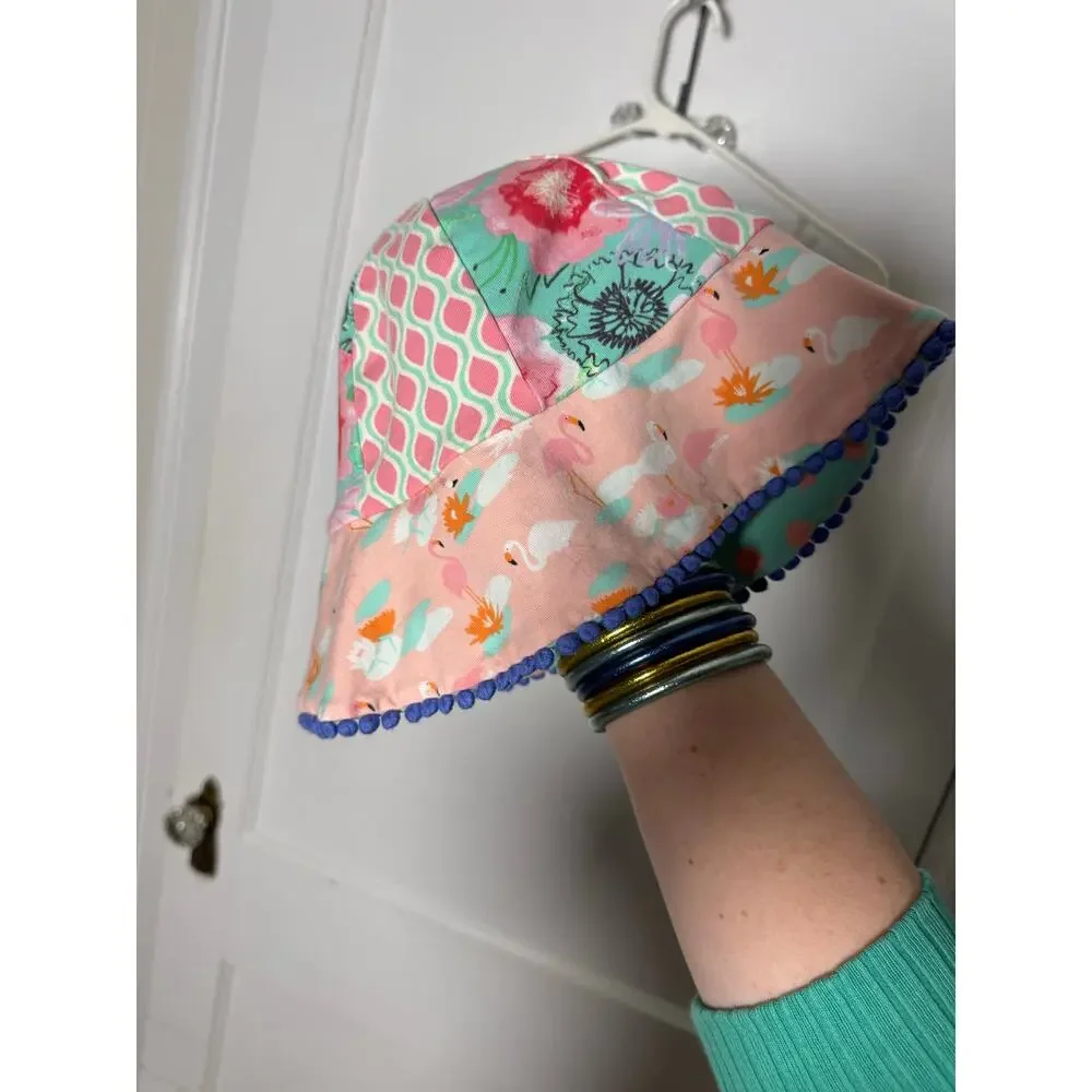Matilda Jane Girls Reversible Bucket Sun Hat Floral Polka Dot Pom Pom Cotton
